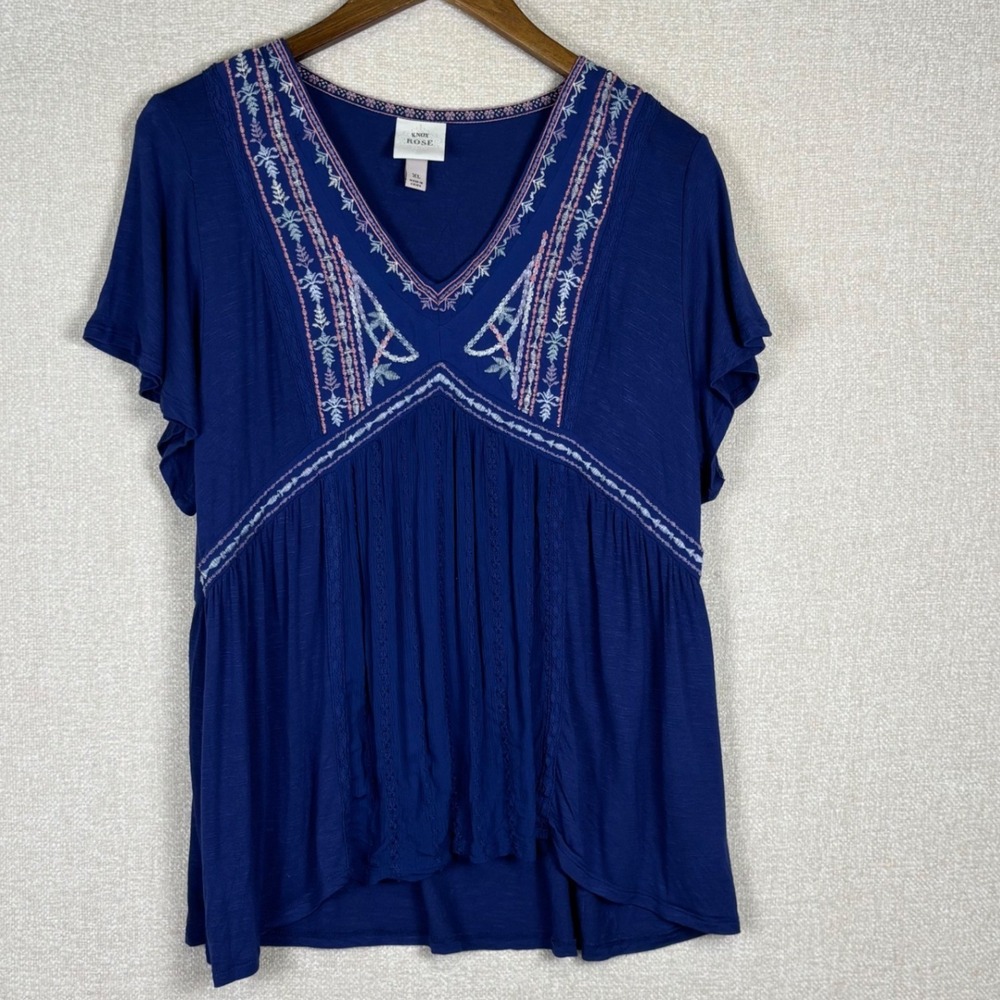 Knox Rose Navy Blue Embroidered Boho V-Neck Babydoll Top XL Short Flutter Sleeve